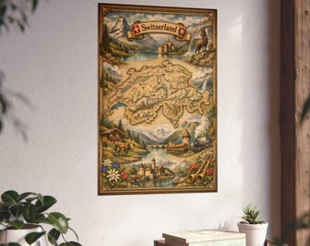 Switzerland Poster | Swiss Map, Travel Wall Art
