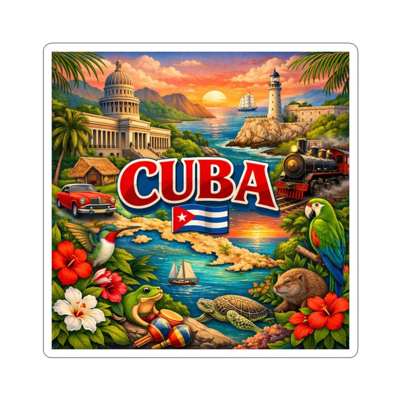Cuba Collage Travel Icons Kiss-cut Sticker | Cuban Flag, Classic Car ...