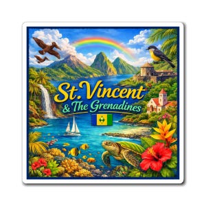 May include: A square sticker featuring a vibrant illustration of St. Vincent & The Grenadines. The design includes a rainbow, mountains, a waterfall, a sailboat, a turtle, and the text "St. Vincent & The Grenadines". The sticker has a white border.
