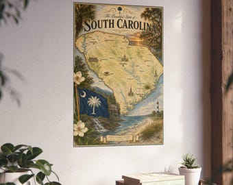 May include: A vertical wall poster titled The Beautiful State of South Carolina featuring a detailed map of the state, the blue state flag with a white palmetto tree and crescent, coastal scenery, a lighthouse, and white magnolia flowers.