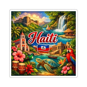 May include: A colorful sticker featuring a vibrant illustration of Haiti. The design includes a red and white church, a waterfall, a parrot, a turtle, and the Haitian flag. The word "Haiti" is written in red script.