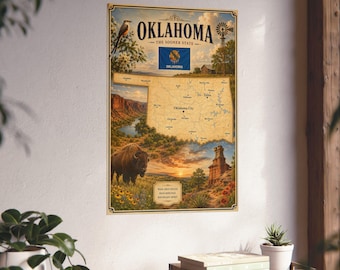 May include: A vertical poster titled OKLAHOMA THE SOONER STATE featuring a map of Oklahoma, the state flag, a bison, a bird, a windmill, and a landscape illustration. The text includes city names, the state name, and the phrase WIDE OPEN SPACES RICH HERITAGE BOUNDARY LINES.