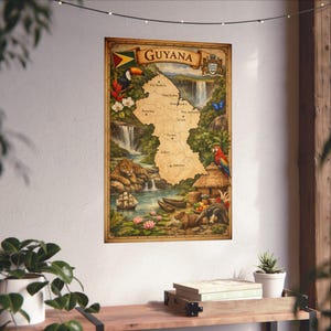 Guyana Map Matte Poster | Tropical Wildlife, Waterfalls, Toucan & Macaw