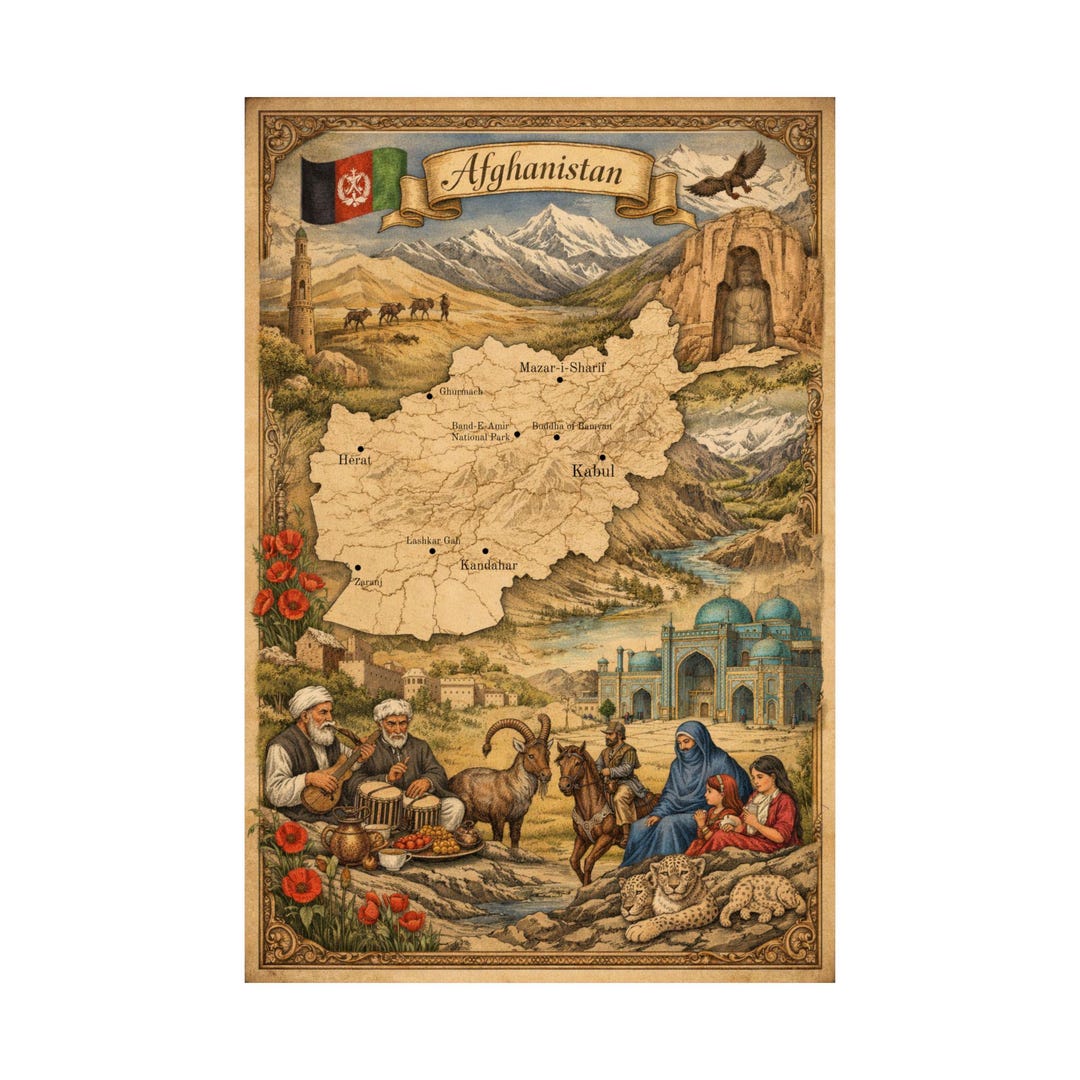 Vintage Afghanistan Map Matte Poster | Cultural Map Wall Art - Etsy