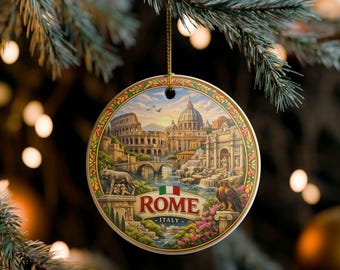 May include: A round ceramic ornament featuring a detailed illustration of Rome, Italy, including the Colosseum, St. Peter's Basilica, and the Trevi Fountain. The text ROME ITALY is printed in the centre with a small Italian flag above the letters.