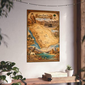 May include: A framed map of the Kingdom of Saudi Arabia, featuring a detailed illustration with a falcon, desert landscape, and coastal scenes. The map includes the text "Kingdom of Saudi Arabia" at the top.