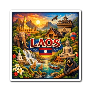 May include: A square sticker featuring a vibrant illustration of Laos. The design includes a golden temple, an elephant, a waterfall, a Buddha statue, and a bear. The word "LAOS" is prominently displayed with the Laos flag.
