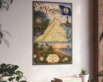 May include: A decorative wall poster featuring a map of Virginia with the text Virginia The Old Dominion. The illustration includes a lighthouse, a bridge, a mansion, a cardinal bird, and dogwood flowers, with the phrase From the Mountains to the Sea.