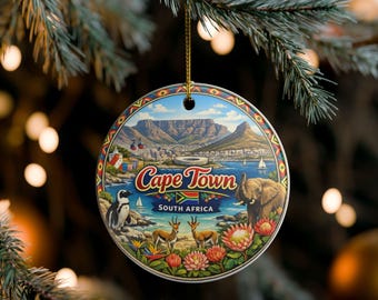 May include: A round ceramic ornament featuring a colourful illustration of Cape Town, South Africa. The design includes Table Mountain, an elephant, a penguin, two antelopes, and protea flowers. The text Cape Town and South Africa is printed.