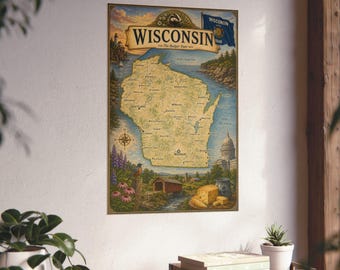 May include: A vertical wall poster featuring a vintage-style map of Wisconsin. The map displays the state outline, major cities, and landmarks like a lighthouse, a covered bridge, and a capitol building. Text includes WISCONSIN and The Badger State.
