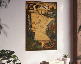 May include: A vintage-style poster of Minnesota, the North Star State, featuring a central map with labeled cities, a black bear, a canoe on a lake, a waterfall, and pine trees. The artwork includes the state flag and a warm, rustic color palette.