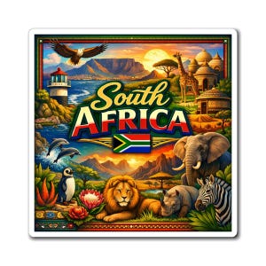 Puede incluir: Una pegatina cuadrada con una colorida ilustración de Sudáfrica. El diseño incluye el texto "South Africa" con la bandera sudafricana, un águila, un faro, delfines, un pingüino, un león, un elefante, un rinoceronte, una cebra y una jirafa.