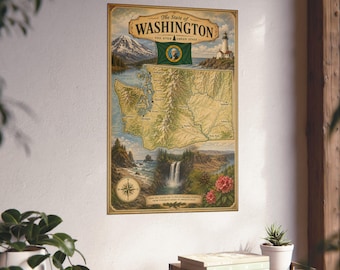 May include: A vintage-style poster of the State of Washington featuring a central map, the state flag, a mountain range, a lighthouse, a waterfall, and floral illustrations. The text reads The State of Washington The Ever Green State.