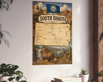 May include: A vertical wall poster featuring a map of South Dakota, the Mount Rushmore monument, the state flag, and a bison in a landscape. The text reads South Dakota The Mount Rushmore State, with various city names labelled across the map.