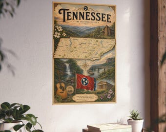May include: A vertical poster titled Tennessee The Volunteer State featuring a map of Tennessee, a mountain landscape, a waterfall, a guitar, the state flag, and the Parthenon. The artwork includes text detailing the state's history and geography.
