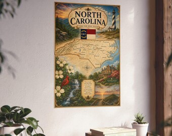 May include: A decorative poster featuring a map of North Carolina with the text North Carolina The Tar Heel State. The illustration includes a lighthouse, the state flag, a cardinal bird, dogwood flowers, a waterfall, and the Biltmore Estate.