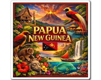 Papua-Neuguinea Reise-Collage Magnet | Paradiesvogel, Wasserfall, Vulkan