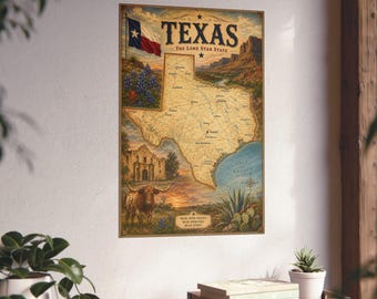May include: A rectangular wall poster featuring a vintage-style map of Texas. The map includes the text "TEXAS THE LONE STAR STATE," illustrations of the Texas flag, the Alamo, a longhorn, bluebonnets, and a desert landscape with a sunset.