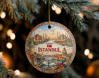 May include: A round ceramic ornament featuring a detailed illustration of Istanbul, Turkey. The design includes iconic landmarks, a bridge, two white swans, a cat, a peacock, and red tulips. The text reads Turkey and Istanbul with a small flag.