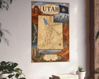 May include: A vertical poster featuring a map of Utah with the text UTAH THE BEEHIVE STATE. The map is surrounded by illustrations of red rock arches, a waterfall, snow-capped mountains, and a temple. A blue state flag is displayed in the corner.