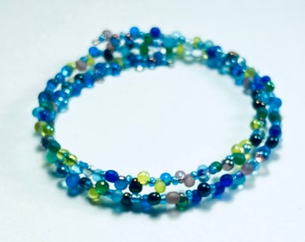 SALE !!! Ocean Waves Blues and Greens Tiny Glass Teardrop Coil Bracelet