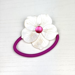 Fuchsia and White Mother of Pearl Plumeria Hair Tie
