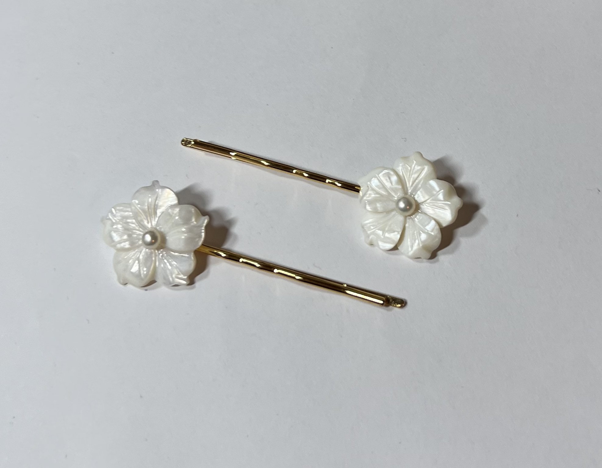 White Mother of Pearl and Cultured Pearl Plumeria Flowers on Gold Hair ...