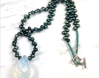 Forest Green Freshwater Pearl and Opalite Necklace