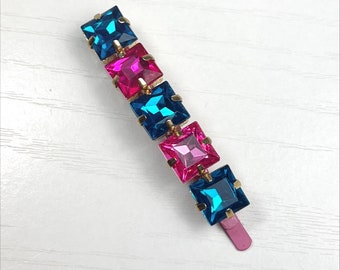 Jeweled Bobby Pin in Turquoise and Fuchsia Princess Cut