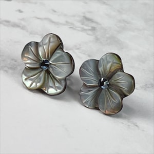 May include: A pair of silver flower-shaped earrings with a dark blue rhinestone in the center of each flower.