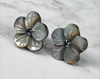 Small Cherry Blossom Black Lip Shell and Sapphire Swarovski Crystal Flower Earrings