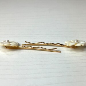 White Mother of Pearl and Cultured Pearl Plumeria Flowers on Gold Hair ...