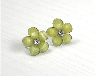 Acrylic and Crystal Flower Earrings in Lime Green