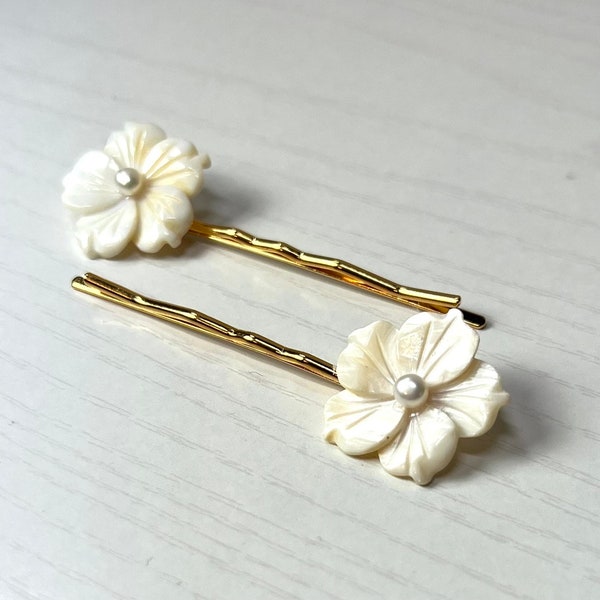 White Mother of Pearl and Cultured Pearl Plumeria Flowers on Gold Hair Pins … Set of 2