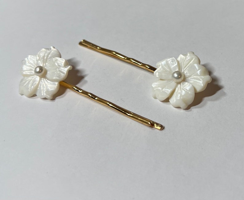 White Mother of Pearl and Cultured Pearl Plumeria Flowers on Gold Hair ...
