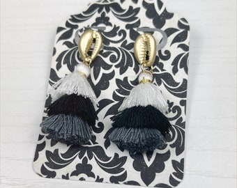 Cowrie Shell and Tassel Earrings in Black White Gray and Gold