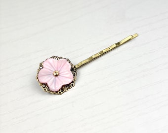 Blush Pink and Rose Floral Mother of Pearl and Swarovski Crystal Filigree Hair Pin