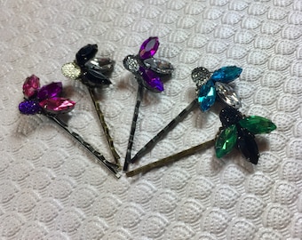 Art Deco Jeweled Bobby Pins in Purple ... Blue ... Pink and Purple ... Black ... Green ... Sold Individually