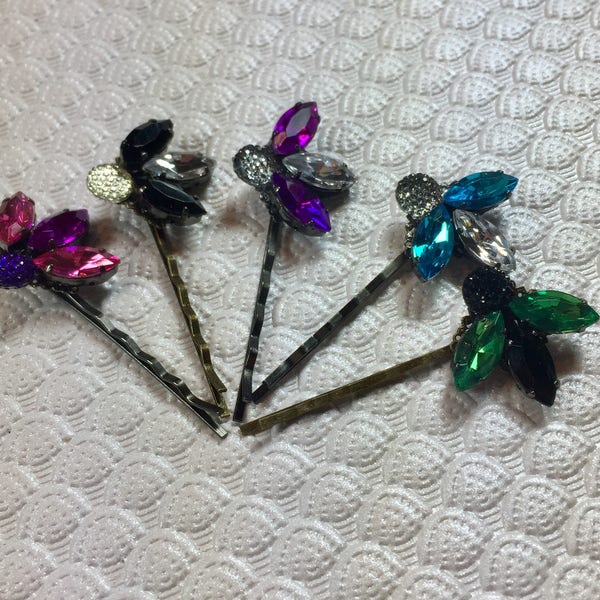 Art Deco Jeweled Bobby Pins in Purple ... Blue ... Pink and Purple ... Black ... Green ... Sold Individually