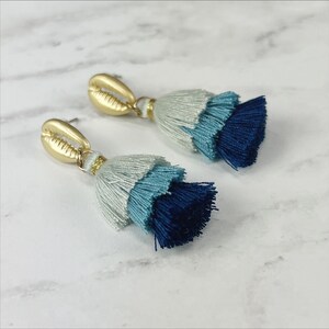 Gold Cowrie Shell and Tassel Earrings in Baby Blue, Cornflower Blue and Navy Blue