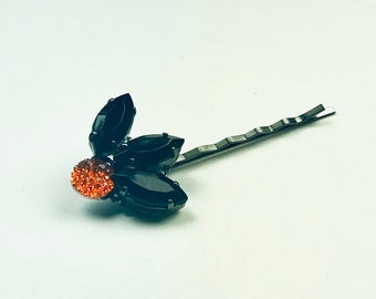 Retro Jeweled Bobby Pin in Orange and Black