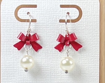 White Pearl and Red Enamel Bow Dangle Earrings