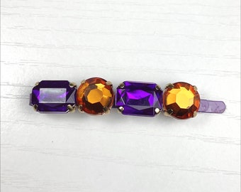 Purple and Golden Yellow Jeweled Bobby Pin in Round and Octagon Cut