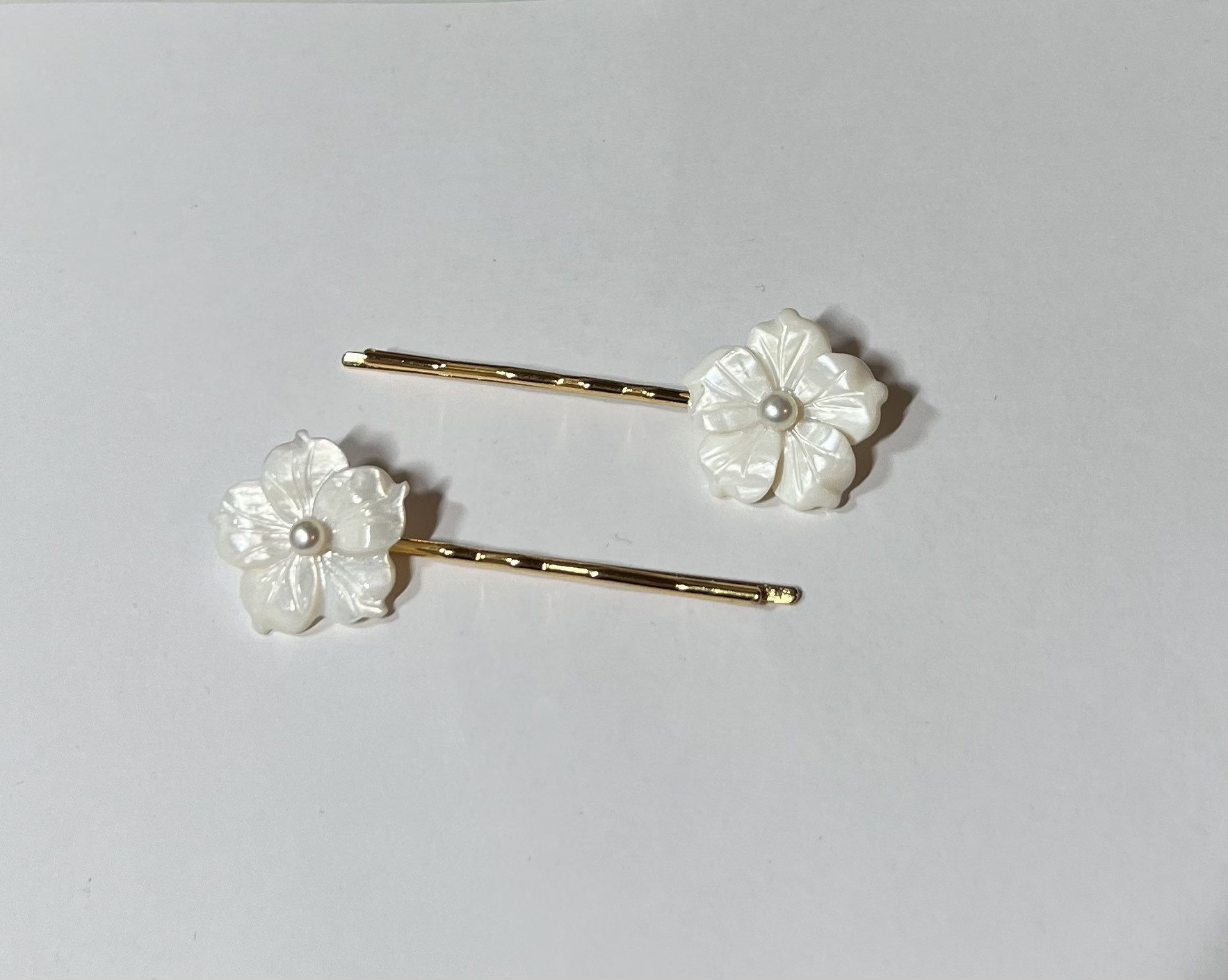 White Mother of Pearl and Cultured Pearl Plumeria Flowers on Gold Hair ...