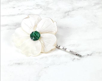 White Mother of Pearl Flower and Green Sparkle Center Hair Pin