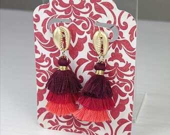 Gold Cowrie Shell and Tassel Earrings in Burgundy, Crimson Red and Coral