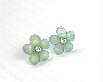 Acrylic and Crystal Flower Earrings in Mint Green