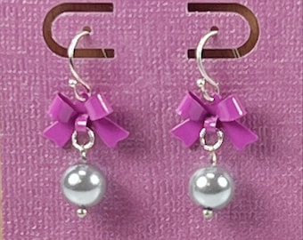 Silver Pearl and Magneta Enamel Bow Dangle Earrings