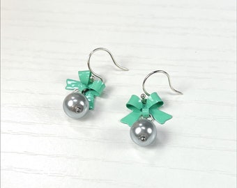 Silver Pearl and Mint Green Enamel Bow Dangle Earrings