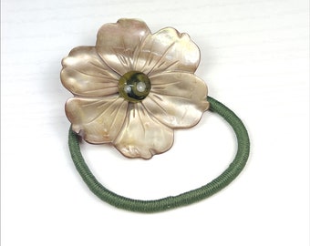 Tan Mother of Pearl and Olive Green Marbled Plumeria Hair Tie